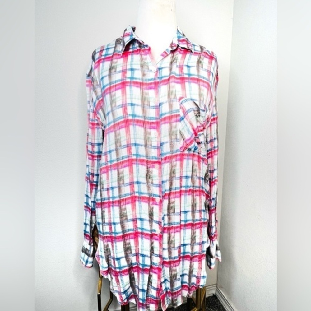 Free People Blouse We The Free Pink Blue Plaid Button Up Collared Top
